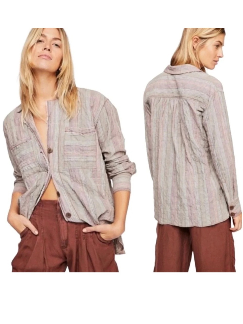 Free People High Tide Multi Stripe Cotton Gauze Oversized Button Down S